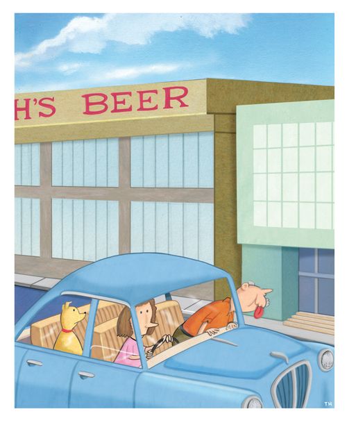 Dog looks perplexed as man has his head out the window taking in the beer smells.