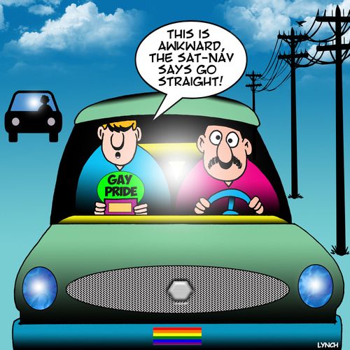 'This is awkward, the sat-nav says go straight.'