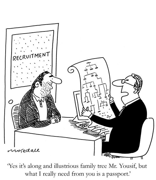 'Yes it's a long and illustrious family tree Mr Yousif, but what I really need from you is a passport.'