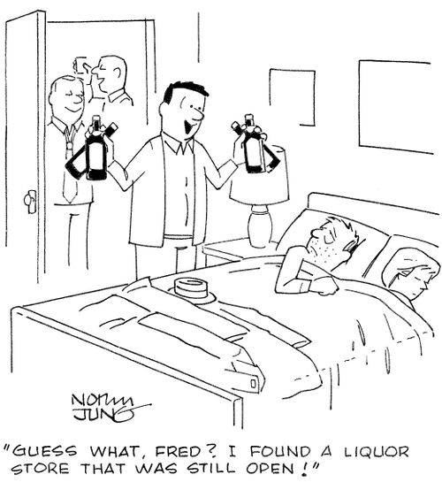 'Guess what, Fred? I found a liquor store that was still open!'