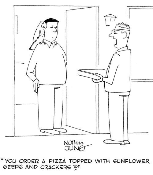 'You order a pizza topped with sunflower seeds and crackers?'