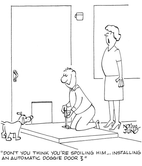 'Don't you think you're spoiling him...installling an automatic doggie door?'