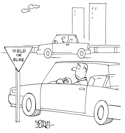Driver sees onramp sign, 'yield or else'.
