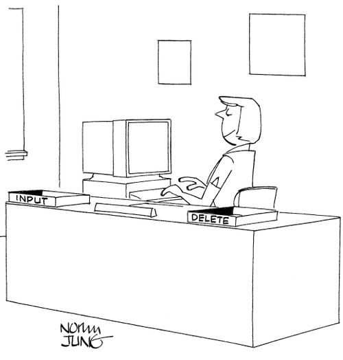 Woman working on office computer has inbox marked 'Input' and outbox marked 'Delete'.