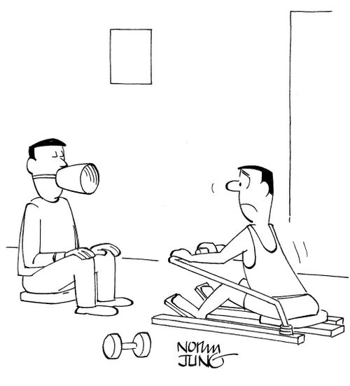 Man using the rowing machine at health club has a coxswain call out the rowing rhythm.