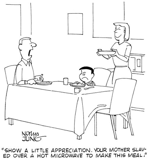 'Show a little appreciation. Your mother slaved over a hot microwave to make this meal.'