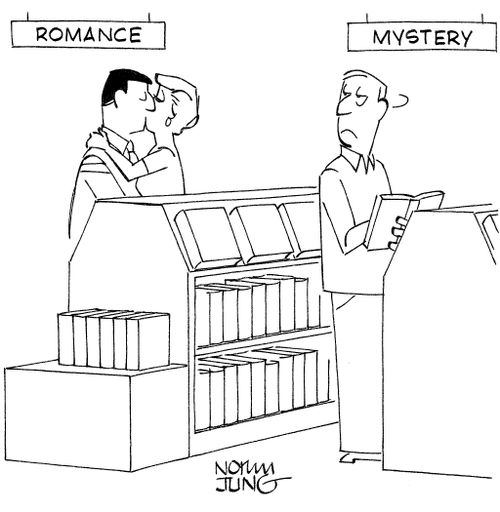 Man browsing books see couple kissing in romance section of book store.