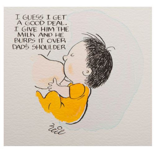 'I guess I get a good deal. I give him the milk and he burps it over dad's shoulder.'