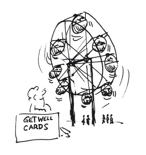 Man sells Get Well Cards by a Ferris Wheel