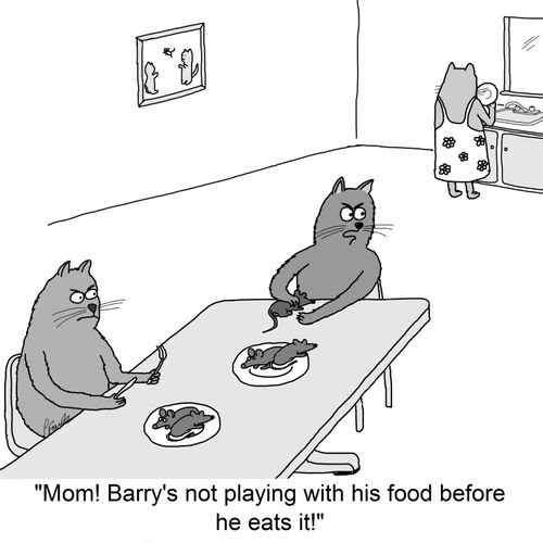 'Mom! Barry's not playing with his food before he eats it!'