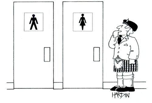 Man in kilt puzzled by signs on restrooms.