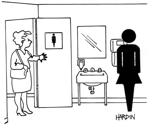 Lady enters restroom and sees ladies room icon.