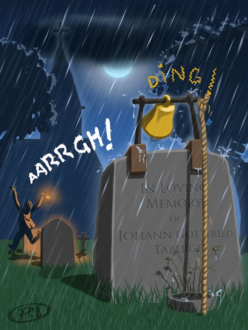Man runs scared from ringing graveyard bell.