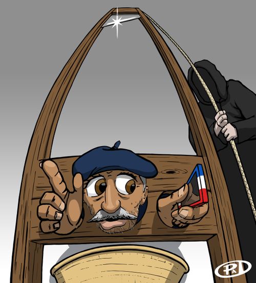 Frenchman in guillotine with mobile phone in hand.