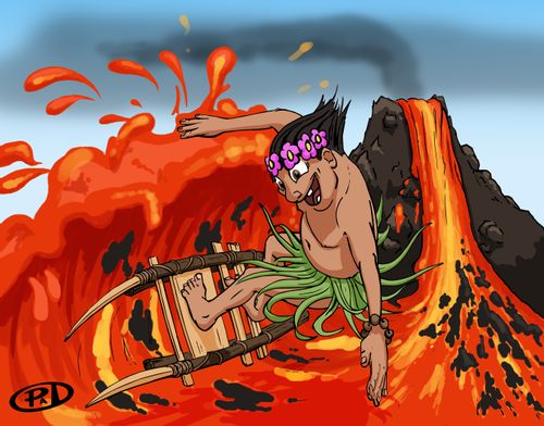 Hawaiian lave surfer cruises down a volcano.