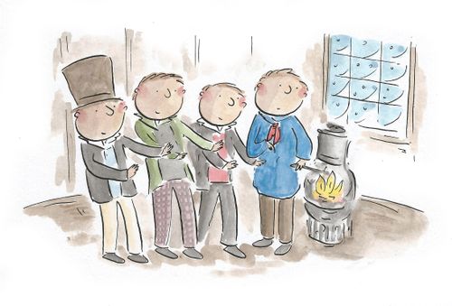 Friends huddling for warmth