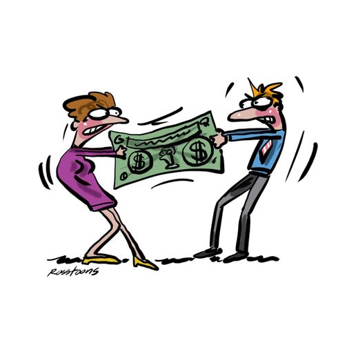 Man and woman fight over money.