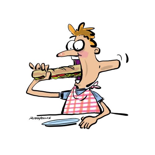 Man eats huge sandwich.