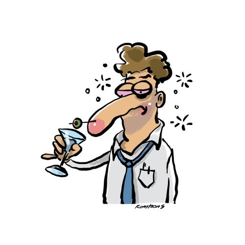 Drunk man sticks nose with olive