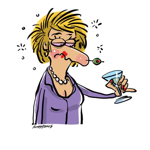 Drunk woman sticks nose with olive.