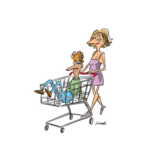 Woman has man in shopping trolley