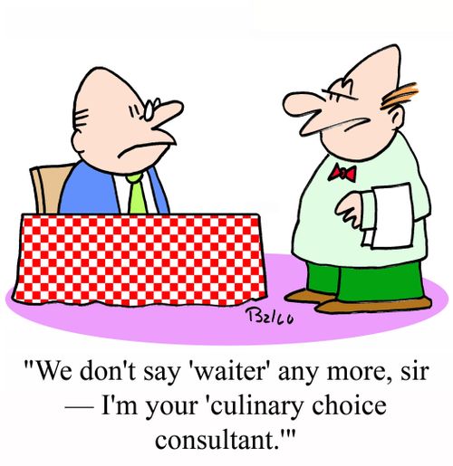 'We don't say 'waiter' any more, sir - I'm your 'culinary choice consultant.''