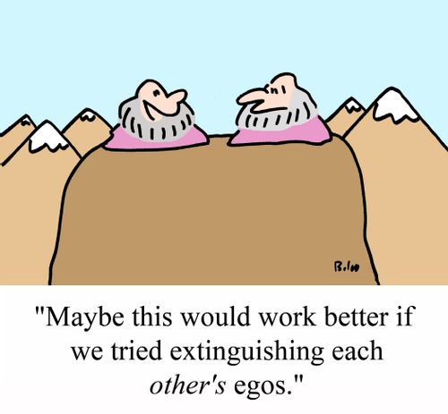 'Maybe this would work better if we tried exinguishing each OTHER'S egos.'