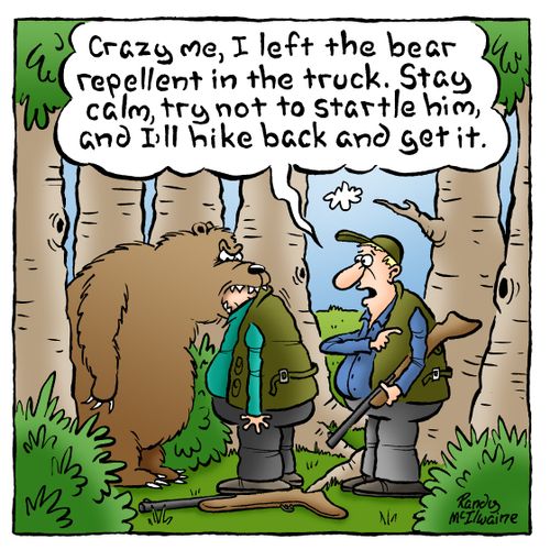 'Crazy me, I left the bear repellent in the truck. Stay calm, try not to startle him, and I'll hike back and get it.'