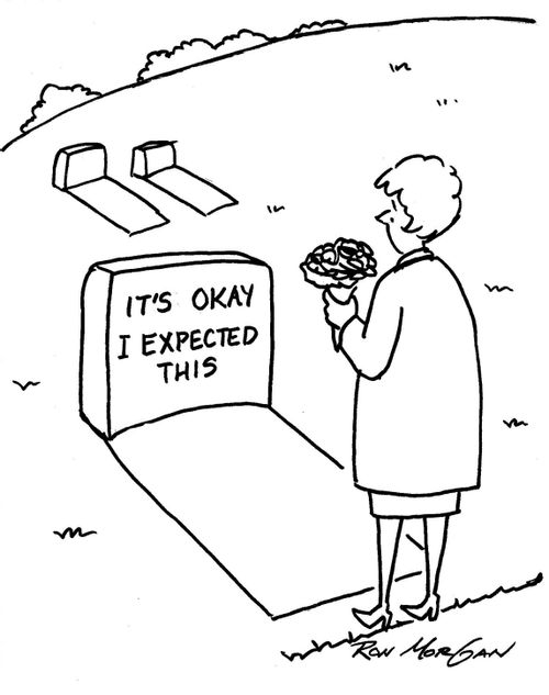Woman sees inscription on grave stone stating: It's Okay. I Expected This.