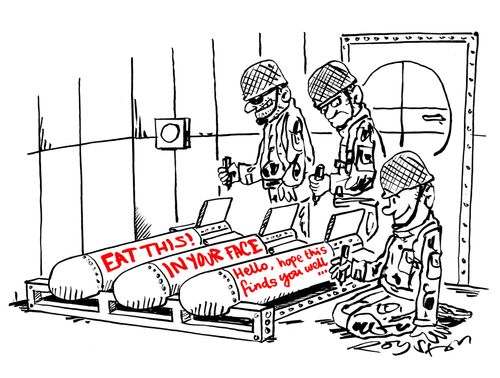Messages on bombs say: 'Eat this!', 'In your face', 'Hello hope this finds you well ...'