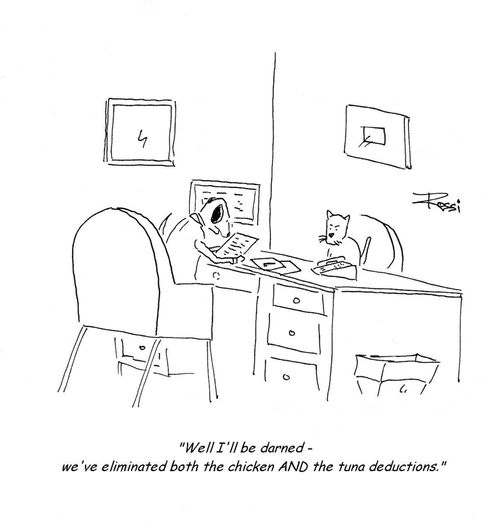 'Well I'll be darned - we've eliminated both the chicken AND the tuna deductions.'