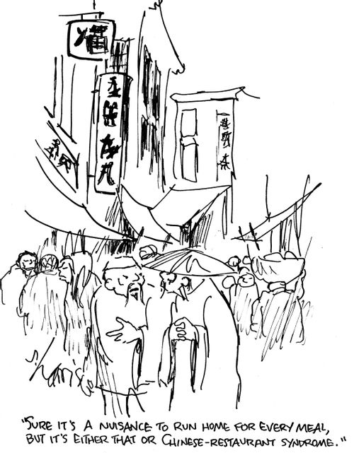'Sure it's a nuisance to run home for every meal, but it's either that or Chinese-restaurant syndrome.'
