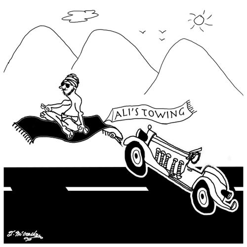 A Sultan on a flying carpet tows a sports car behind him.