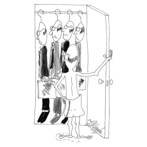 A man wrapped in bath towel looks in closet where a bunch of identical men hang, each in a different suit.