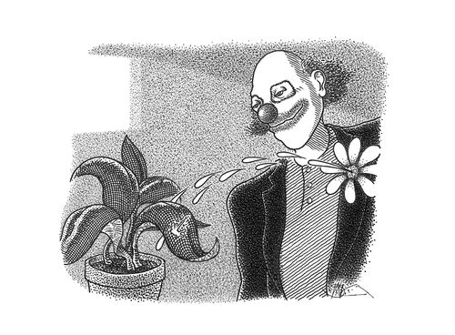 Clown watering houseplant.