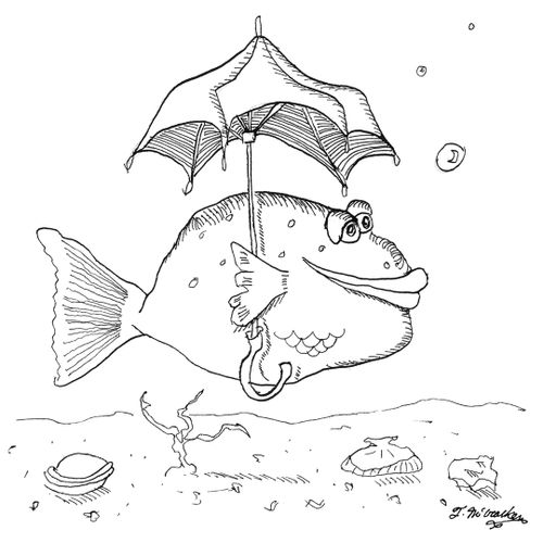 A fish swimming with an umbrella.