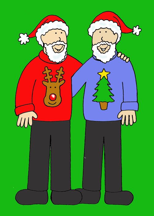 Two men in beards and Christmas sweaters.