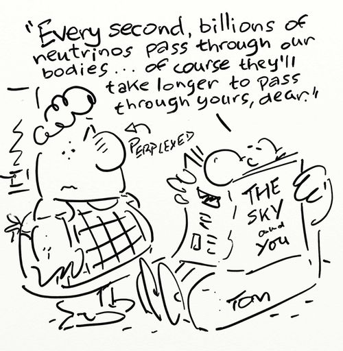 'Every second, billions of neutrinos pass through our bodies...of course they'll take longer to pass through yours, dear.'
