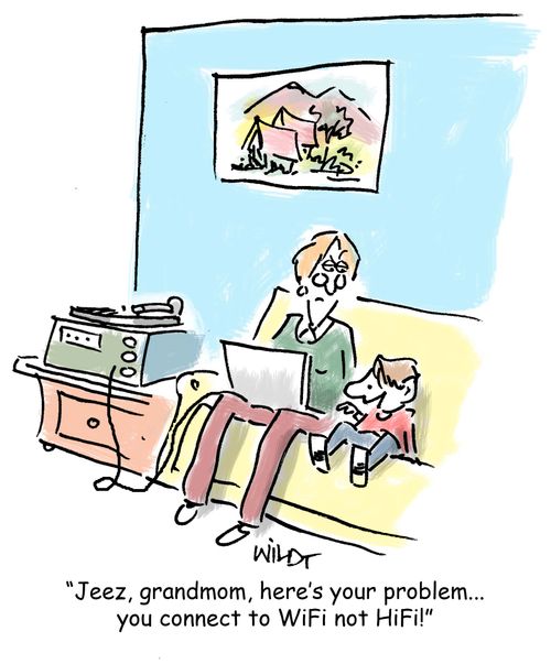 'Jeez, grandmom, here's your problem...you connect to WiFi, not HiFi!'