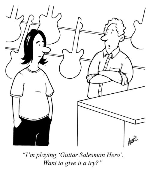 "I'm playing 'Guitar Salesman Hero'. Want to give it a try?"