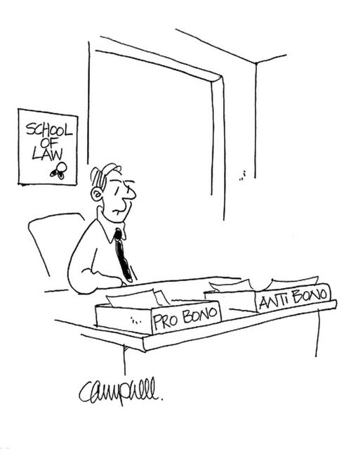 Lawyer's in-out boxes say 'pro bono' and 'anti bono.'  