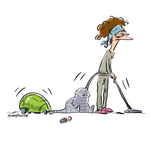 Tired mum vacuums baby