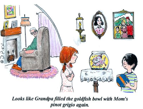 "Looks like Grandpa filled the goldfish bowl with Mom's pinot grigio again."