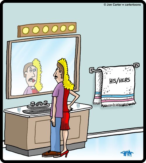 Person who is both man and woman looks into mirror, with bath towel that reads, 'his/hers'.
