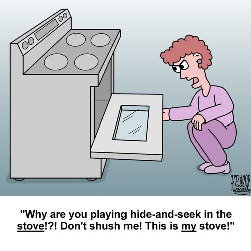 "Why are you playing hide-and-seek in the stove!?! Don't shush me! This is my stove!"