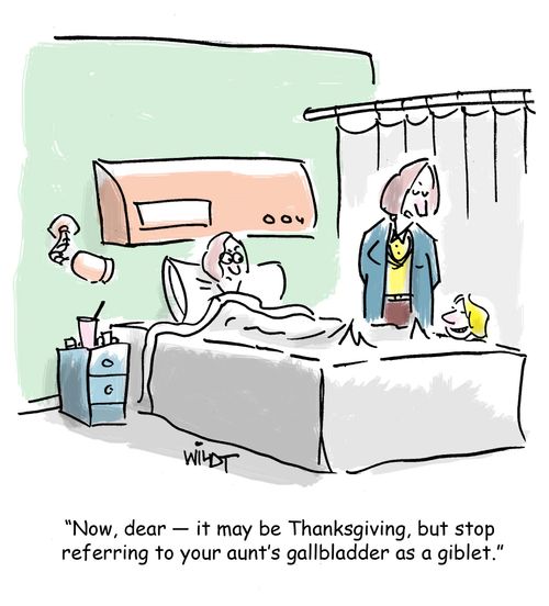 'Now dear, it may be Thanksgiving, but stop referring to your aunt's gallbladder as a giblet.'