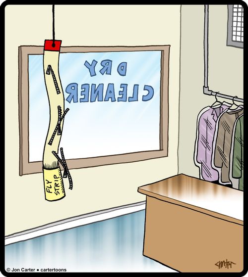 Surreal scene depicting a dry cleaner shop interior, with pant zipper flies stuck to a fly strip.