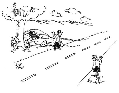 Husband and wife hitchhike from separate sides of the roads after a crash.