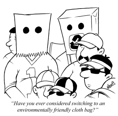 "Have you ever considered switching to an environmentally friendly cloth bag?"