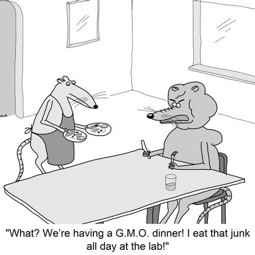 "What? We're having a G.M.O. dinner! I eat that junk all day at the lab!"